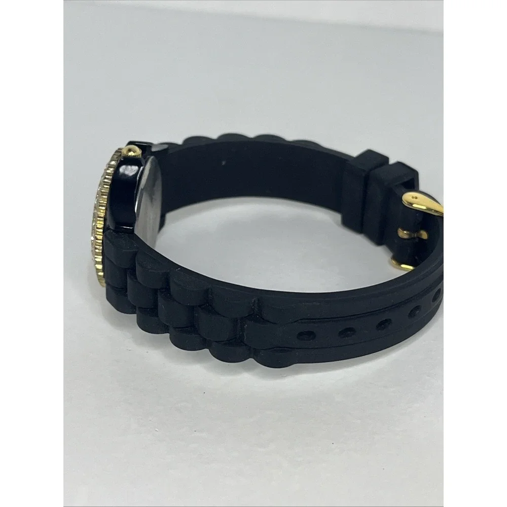 Golden Classic Women's Watch Crystal Bezel Black Silicone‎ Band- New Battery